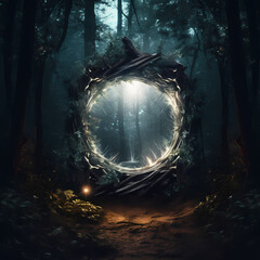 Mystical portal opening in a dark forest.