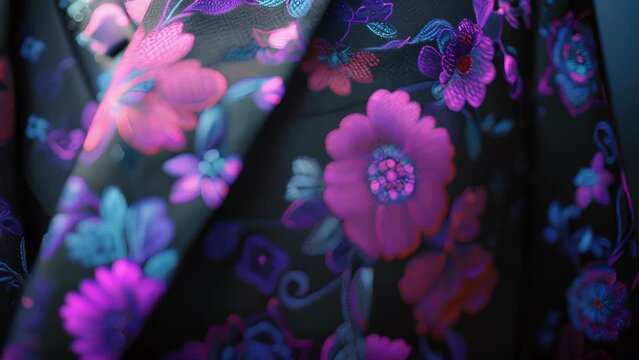 A tailored blazer featuring a bold floral print in deep purples and blues against a black background. Perfect for a sophisticated evening event set against the bright lights