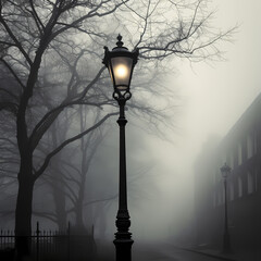 Old-fashioned street lamp against a foggy backdrop 