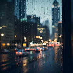 Raindrops on a windowpane with city lights in the background.