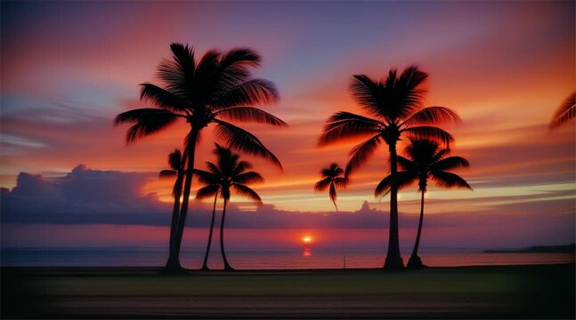 Tropical Sunset by the Beach with Palm Trees and Orange Sky