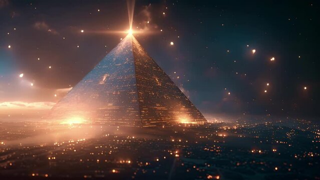 A large transparent pyramidlike structure stands in the center of a futuristic cityscape radiating a holographic beam of light that represents the mining process. Around the
