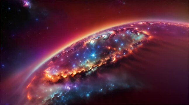 Space Fantasy: A vivid depiction of a planet surrounded by the vastness of space, illuminated by the glow of distant stars and nebulae, against a backdrop of deep blue skies and cosmic clouds