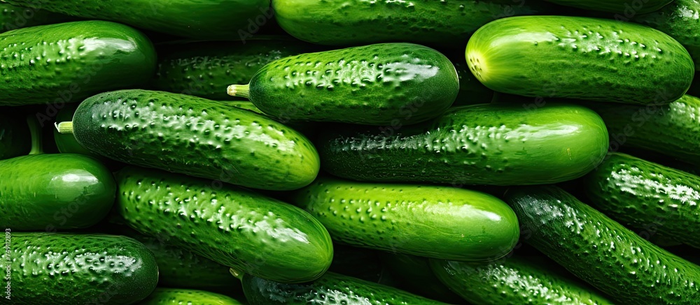 Poster a stack of fresh green cucumbers neatly arranged next to each other on a supermarket shelf. the vibr