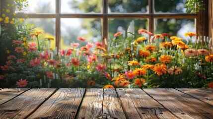 Fototapeta na wymiar Wood table top on blur of window with garden flower background
