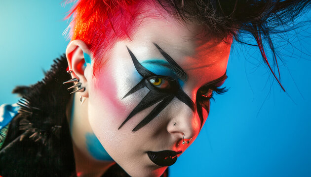 a young punk rock subculture makeup girl 80s punker alternative colorful mohawk piercing rocker cool urban goth rebel youth earrings stylish leather female woman fashion style person face hairstyle