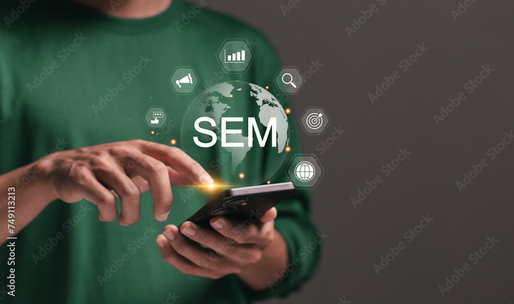 Poster sem, search engine marketing concept. businessman use smartphone with globe and sem icon for search 