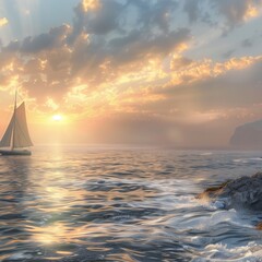 Obraz premium Imagine a serene seascape at dawn, where gentle waves lap against a rocky shore, echoing the rhythmic pulse of free speech. A solitary sailboat emerges on the horizon