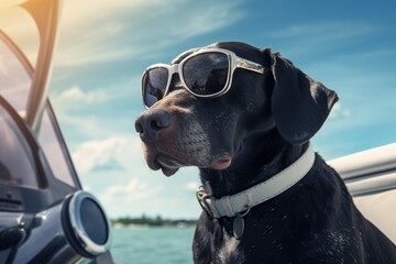 Portrait of a black dog with sunglasses on the background of a speed boat - obrazy, fototapety, plakaty