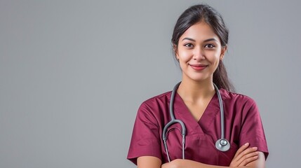 Confident smart young female Sri Lankan doctor in maroon scrubs and stethoscope on grey background