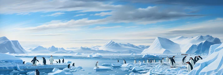 Gordijnen Emperor Penguins against the Backdrop of Antarctica's Majestic Icy Wilderness © Chris