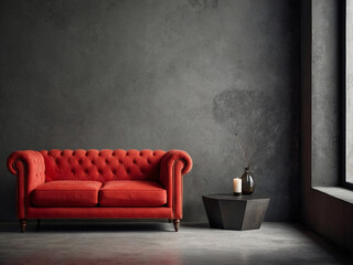 Striking Red Chic, Loft Living Room with Grunge Concrete Wall.