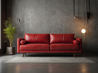 Striking Red Chic, Loft Living Room with Grunge Concrete Wall.