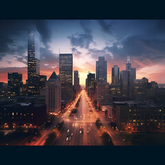 Time-lapse of city lights transitioning from day to night. - obrazy, fototapety, plakaty
