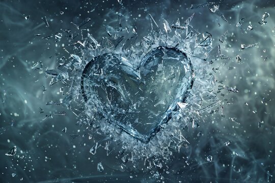 Digital art of a heart made of glass shattered into a thousand pieces