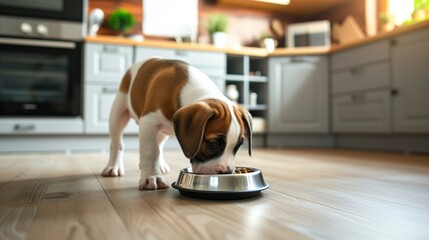 Cute dog eating food from bowl on wooden floor, closeup - obrazy, fototapety, plakaty