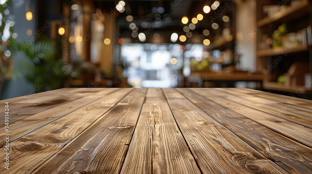 Poster wooden board empty table in front of blurred background