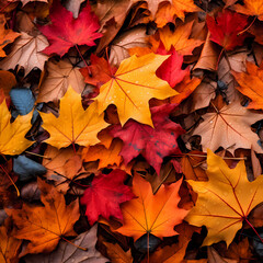 Naklejka na ściany i meble Vibrant autumn leaves on a forest floor.