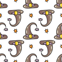 Hand drawn cute seamless pattern with cartoon Witch Hat and spider in doodle design