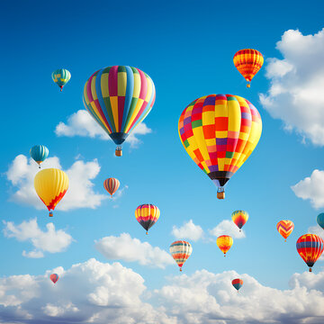 Vibrant hot air balloons against a clear blue sky.
