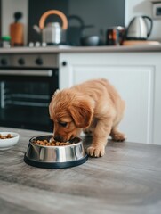 Cute little golden retriever puppy eating dry food from bowl in kitchen