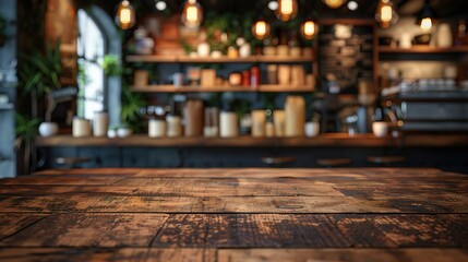 Wooden board empty table in front of blurred background. Perspective brown wood over blur in coffee shop