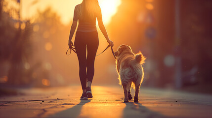 Young woman walking on the street in athletic wear with her dog in the morning