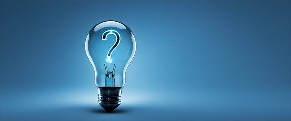 A glowing question mark inside a transparent light bulb. Isolated in an empty space. Light bulb illustration.