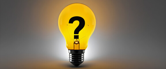 A yellow light bulb and a black question mark. A light bulb isolated in a gray space.