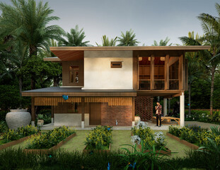 3d rendering of tropical house design. home garden Exterior design of spacious modern architecture
