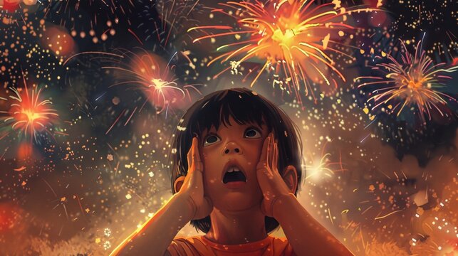 Illustration of a kid plugging ears with fingers eyes wide as fireworks explode in the sky