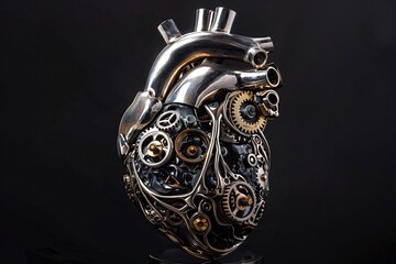 Mechanical heart precision engineered with titanium gears and synthetic valves pulsating with artificial life