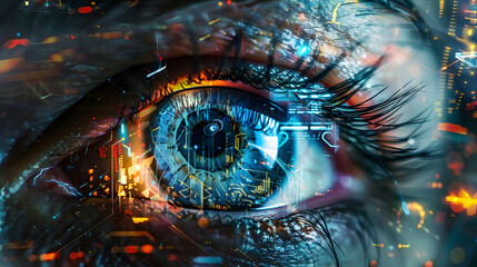 Close-up of a human eye with robotic elements, illustrating the fusion of technology and biology in artificial intelligence. AI generated