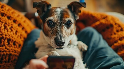 Jack russell terrier dog sitting on human using smartphone wanting attention. - obrazy, fototapety, plakaty
