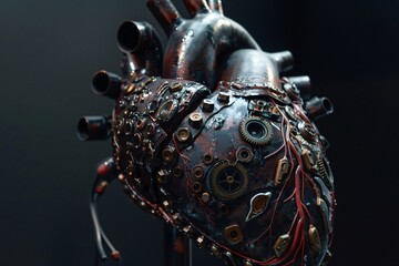 Mechanical heart precision engineered with titanium gears and synthetic valves pulsating with artificial life