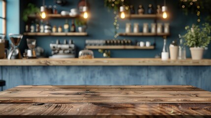 Fototapeta na wymiar Wooden board empty Table Top And Blue Interior over blur in coffee shop Background