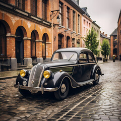 Vintage car parked on a cobblestone street.