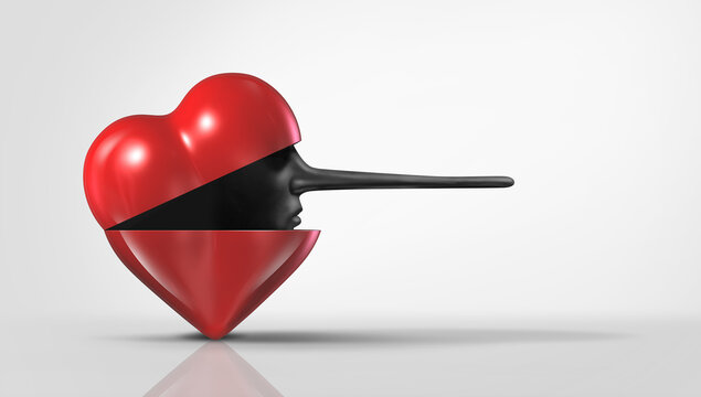 Infidelity and cheating in a relationship and not being faithful as an unfaithful person and lies as a fake love partner as a deceptive boyfriend girfriend or spouse as a heart shape and a long liar n