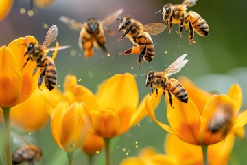 Flying honey bee collecting pollen at yellow flower. Bee flying over the yellow flower in blur background ,detail of honeybee in Latin Apis Mellifera, european or western honey bee sitting - obrazy, fototapety, plakaty