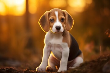 Beagle puppy sitting on the ground in autumn forest at sunset.
