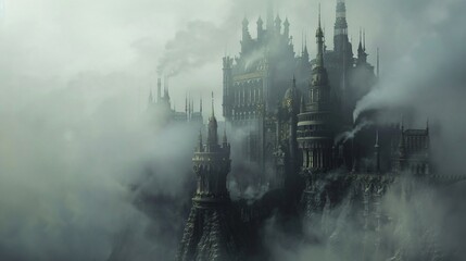 Steampunk castle rising from mist towering spires adorned with brass gears and steam vents