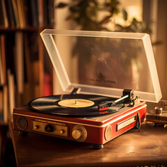 Vintage record player spinning vinyl on a dusty shelf.