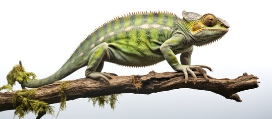 Fototapeta premium A large Jacksons Chameleon, Chamaeleo jacksonii merumontanus, sits on top of a tree branch. The reptile is shedding its skin against a white backdrop, showcasing its unique features.