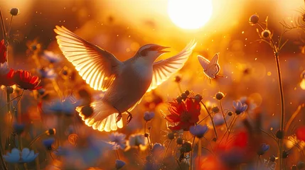 Fotobehang A stunningly warm sunset provides the backdrop for a peaceful dove gracefully soaring above vibrant wildflowers © HappyFarmDesign
