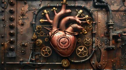 Steampunk heart a complex assembly of gears and valves pulsing with steam powered life