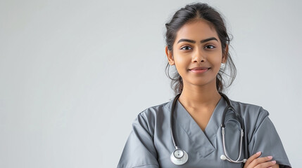 Smart confident young female Sri Lankan doctor in grey scrubs on light background