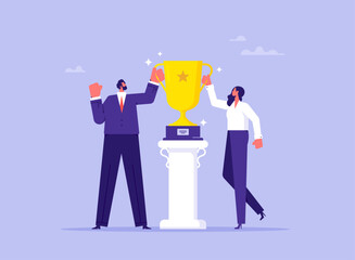 Win-win strategy solution concept, businesspeople partners holding gold cups successful win-win benefit, teamwork to achieve business goal