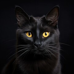 Portrait of a black cat with yellow eyes on a black background