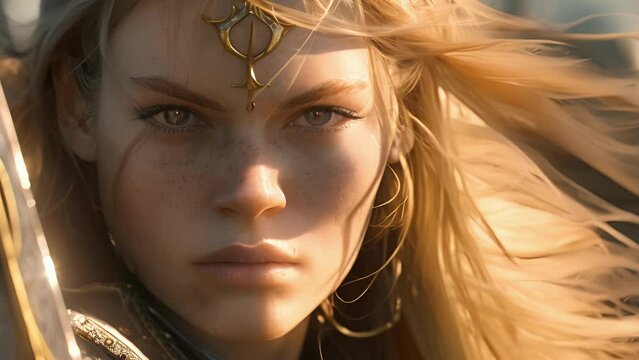 A female lancer with flowing blonde hair and a fearsome glint in her eye her spear poised to strike as she rides towards her enemies.