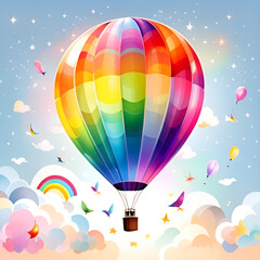 Bright watercolor balloons in the middle of clouds.